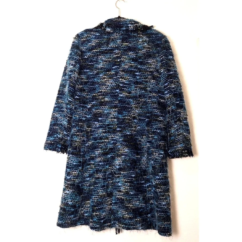 Laura Ashley Y2K Boucle Eyelash Fringe Coat Blue Green Black Stripe Size M